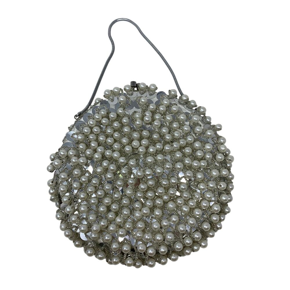 Vintage DeLill Faux Pearl Beaded Evening Bag White Bridal Clutch Chain Purse